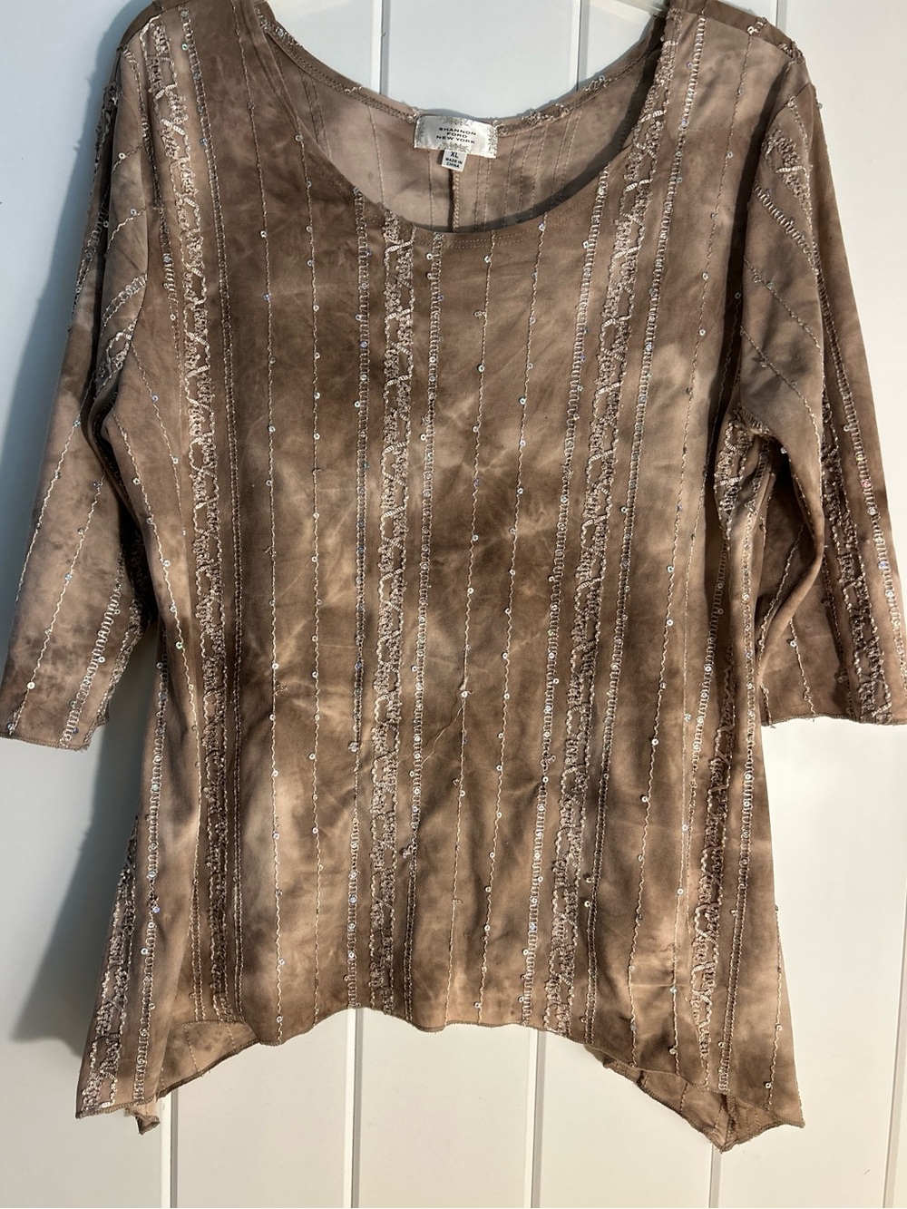 shannon ford new york taupe boho tie dye sequin lace trim blouse xl top 2010s